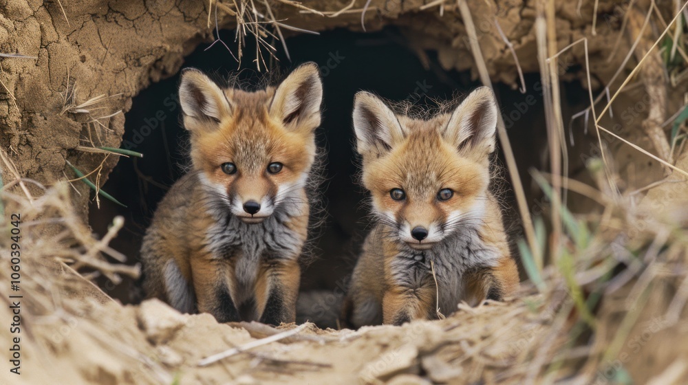 Obraz premium Cute wildlife, a pair of baby foxes playing near their den