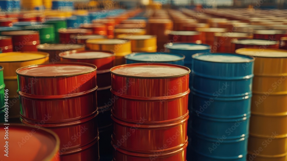 Rows of oil barrels stored at a refinery, ready for distribution across global markets oil barrels, storage, industrial supply chain Rows of oil barrels stored at a refinery, ready for distribution across global markets oil barrels, storage, industrial supply chain
