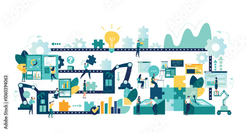 Vector illustration, a production line with workers, automation and user interface concept: user connecting with a tablet and sharing data with a cyber-physical system, Smart industry 4.0