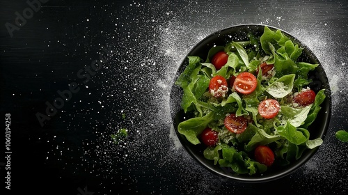 Fresh Salad Burst: A vibrant green salad, bursting with juicy cherry tomatoes and a sprinkle of seasoning, rests in a black bowl against a dramatic dark background, ready to tantalize your taste buds. photo