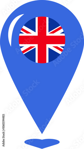 A vibrant vector illustration of a location pin a cartoon style. The United Kingdom clip art element. English language, the UK culture, history, events, and celebrations. Promotion of British destinat