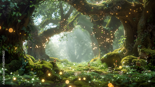 An enchanting fairy forest with moss-covered trees, sparkling fairy lights, and playful woodland creatures peeking from the foliage. photo