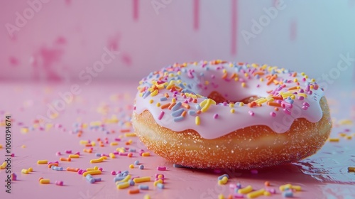 ellow sugar glazed donut on colorful background. photo