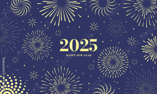 Happy New Year 2025 Elegant Fireworks Vector Illustration on Blue Background, Concept for holiday decor, card, poster, banner, flyer