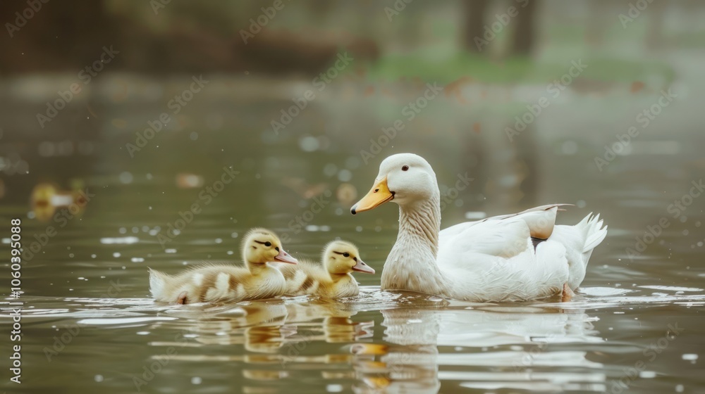 Cute animal interactions, a family of ducks swimming together in a pond Cute animal interactions, a family of ducks swimming together in a pond