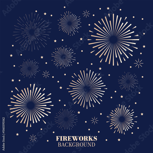 Fireworks background with gold bursts on dark blue. Festive fireworks pattern featuring golden bursts and stars on a dark blue background, perfect for celebrations and holiday themes