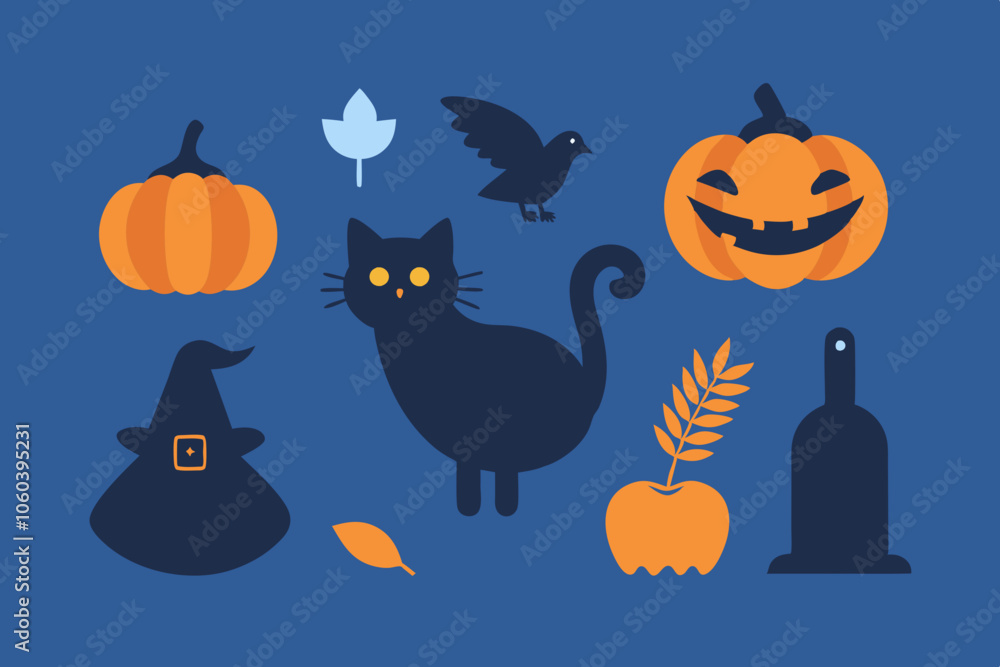 Halloween set. Icon set of cornucopia, black cats, Turkey, pumpkin, corn and bat for Halloween Halloween set. Icon set of cornucopia, black cats, Turkey, pumpkin, corn and bat for Halloween