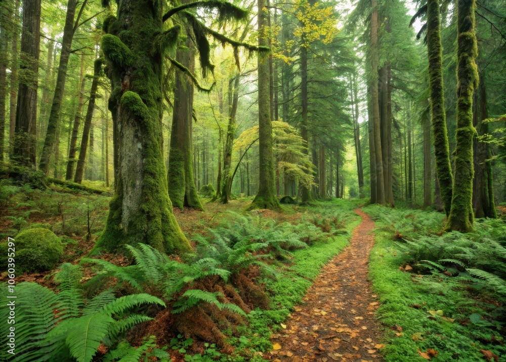 Wander the enchanting forest path, where lush ferns and tall trees invite autumn adventure and tranquility Wander the enchanting forest path, where lush ferns and tall trees invite autumn adventure and tranquility