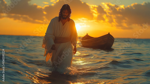 Man Walking on Water at Sun...