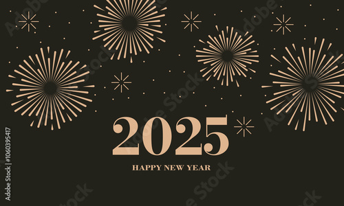 Elegant Happy New Year 2025 greeting with golden fireworks and stars on a dark brown background, celebrating the arrival of the new year. Concept for holiday decor, card, poster, banner, flyer
