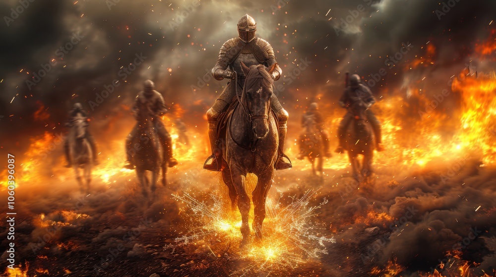 Fototapeta premium A line of knights on horseback charging through flames in a fierce battle, symbolizing bravery and unstoppable force.