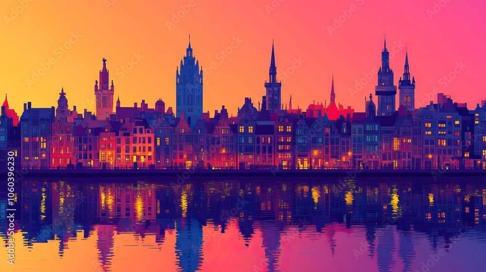 Obraz premium Ghent, Belgium, Pop Art style theme print. Cityscape, city skyline.Vibrant, bright, modern, trendy, graphic designed for poster, card, wallpaper