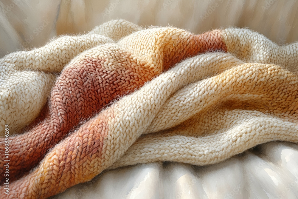 A cozy knitted blanket drapes softly, featuring warm tones of cream, orange, and beige, perfect for adding comfort to any living space. A cozy knitted blanket drapes softly, featuring warm tones of cream, orange, and beige, perfect for adding comfort to any living space.