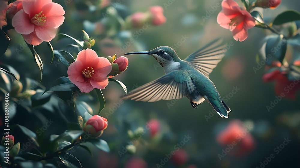 Naklejka premium Hummingbird in flight beside a cluster of camellias, wings blurred with motion, bright pink petals and dark green leaves, soft light enhancing the colors, intricate details and serene ambiance.
