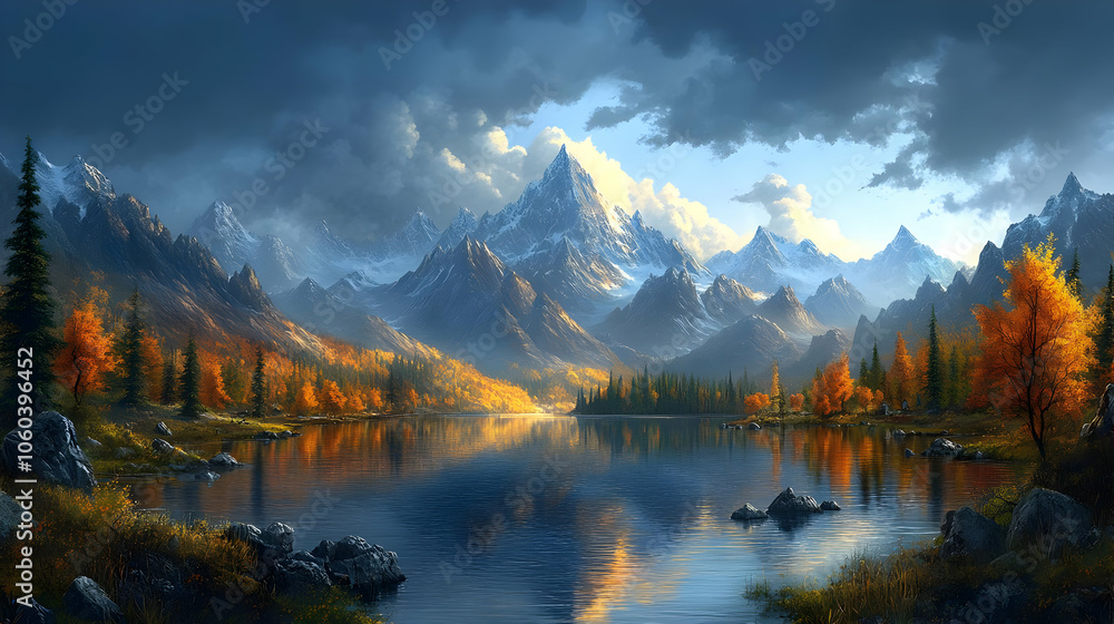Obraz premium Autumn Mountain Lake - Illustration