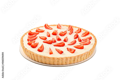 Homemade pie, cake, with fresh strawberries on top, gluten free, on white background photo