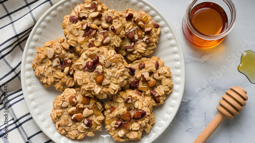 Nutty Oatmeal Cookies: Soft cookies made with oats and mixed nuts, beautifully displayed on a serving platter, garnished with a drizzle of honey.