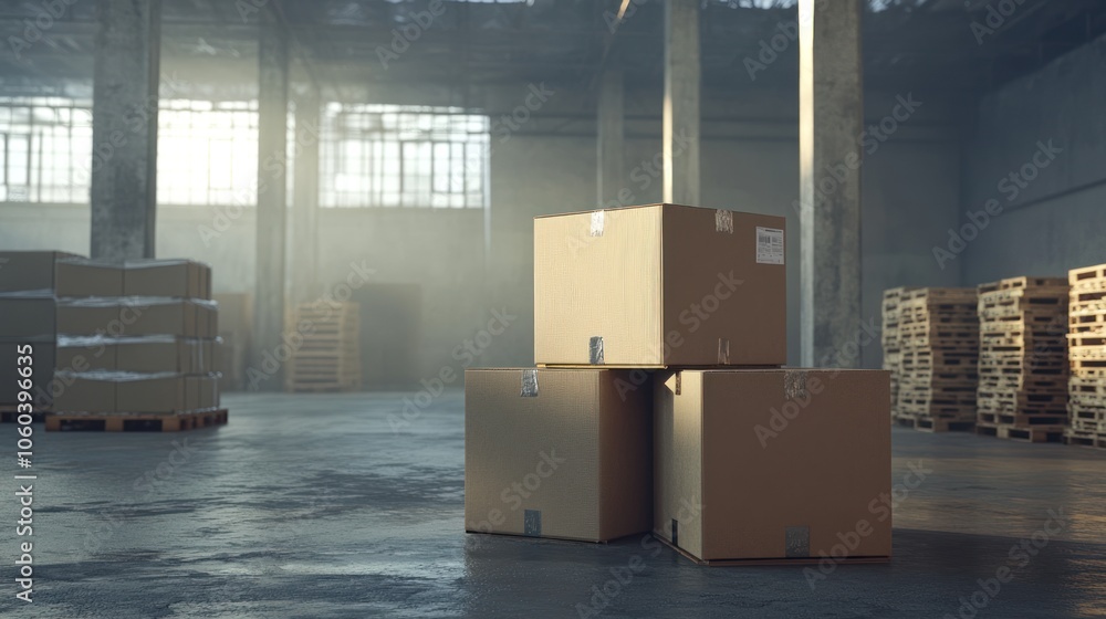 A stack of cardboard boxes sit on a concrete floor in a large warehouse with sunlight streaming through the windows. A stack of cardboard boxes sit on a concrete floor in a large warehouse with sunlight streaming through the windows.