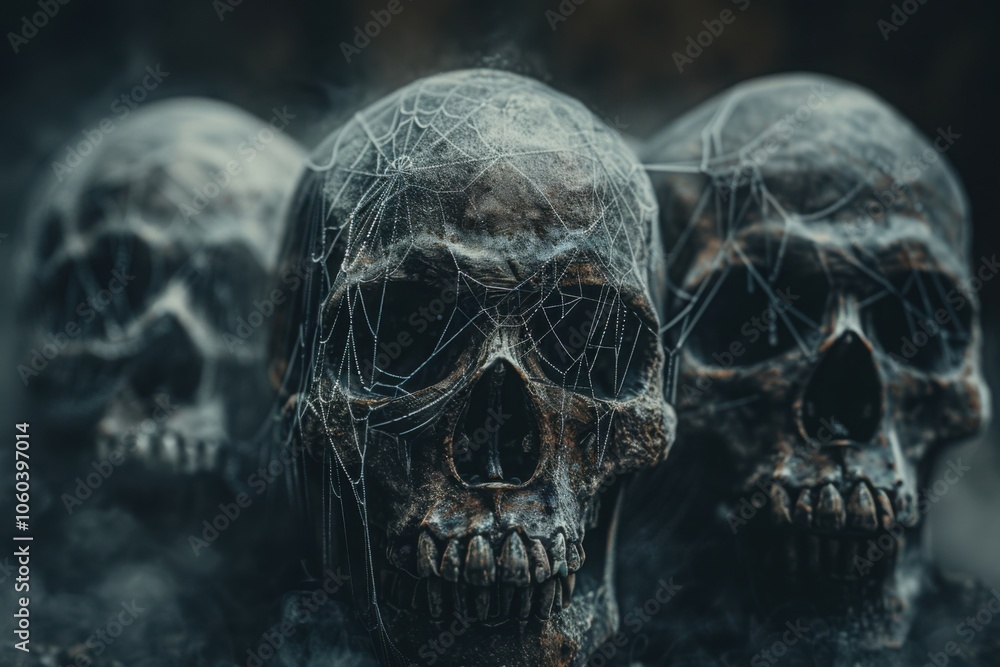 Three haunting skulls covered in cobwebs and shadows, evoking a sense of decay and the supernatural.
Three haunting skulls covered in cobwebs and shadows, evoking a sense of decay and the supernatural.
