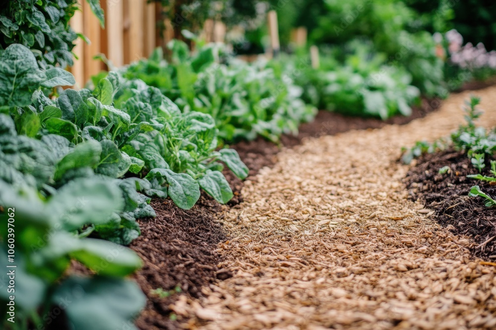 A well-tended garden features a pathway surrounded by flourishing plants, with a compost pile visible in the background enhancing soil quality. Generative AI A well-tended garden features a pathway surrounded by flourishing plants, with a compost pile visible in the background enhancing soil quality. Generative AI
