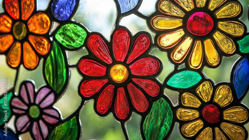 A close-up view of a stained glass window with a variety of colorful flowers A close-up view of a stained glass window with a variety of colorful flowers