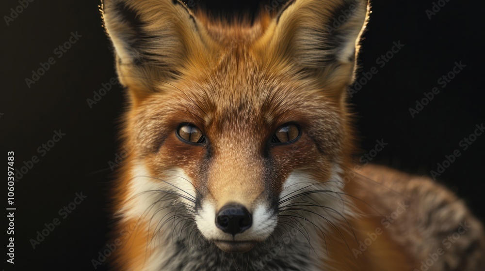 Animal portraits of a fox with its eyes wide open, staring at the camera Animal portraits of a fox with its eyes wide open, staring at the camera