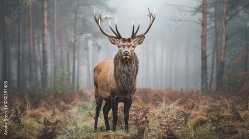 Animal portraits of a regal stag standing tall in a foggy forest