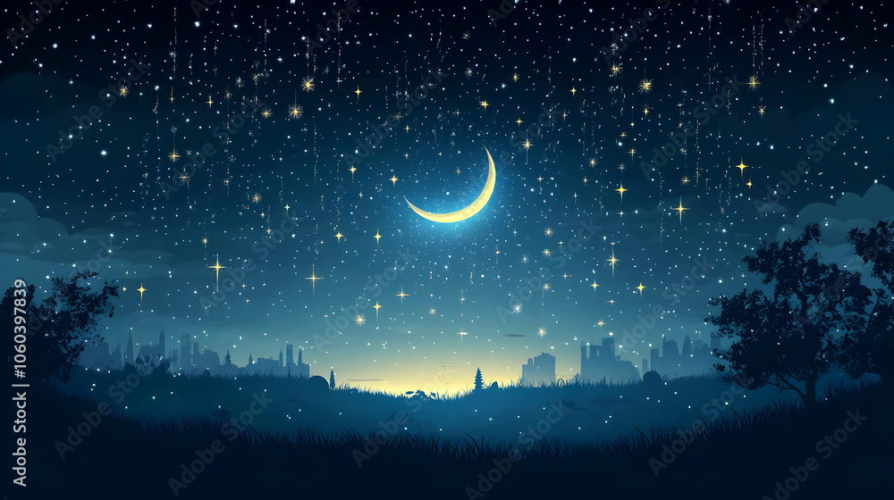 Naklejka premium Night Sky Illustration with Crescent Moon and Stars