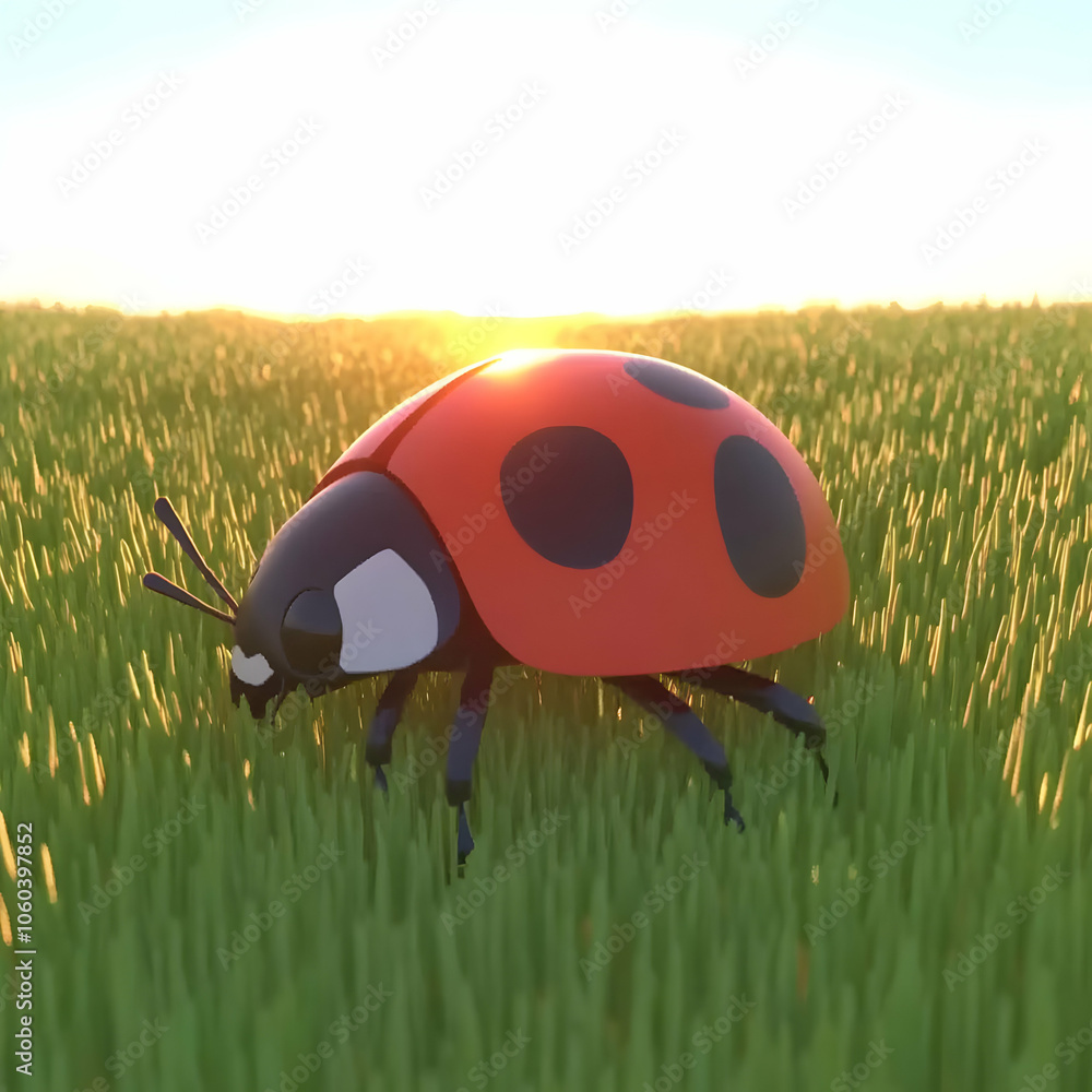 3D Ladybug Illustration in Grassy Field at Sunset 3D Ladybug Illustration in Grassy Field at Sunset