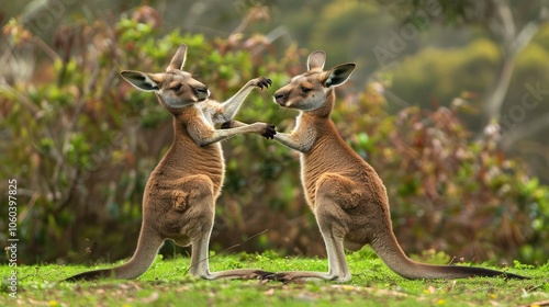 A kangaroo looking like it's boxing with another kangaroo photo