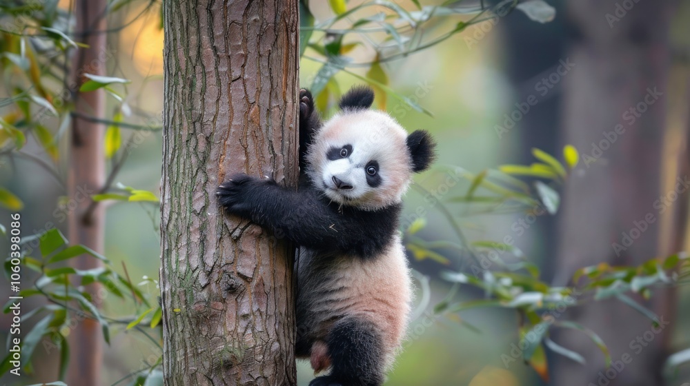Adorable animals like a baby panda climbing up a tree trunk Adorable animals like a baby panda climbing up a tree trunk
