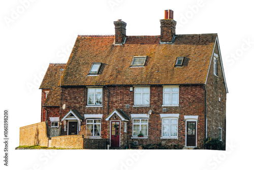 Two-story red brick old cottage bungalow in uk isolated transparent png photo