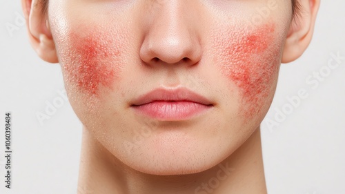 Zoomin on a person with rosacea redness across the cheeks and nose, showing sensitivity and irritation rosacea, facial redness, irritated skin