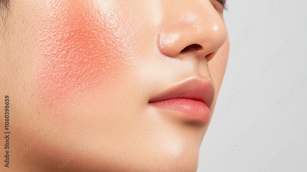 Fototapeta premium Zoomin on a person with severe rosacea flareup, showing inflamed, red skin across the cheeks rosacea flareup, red skin, facial irritation