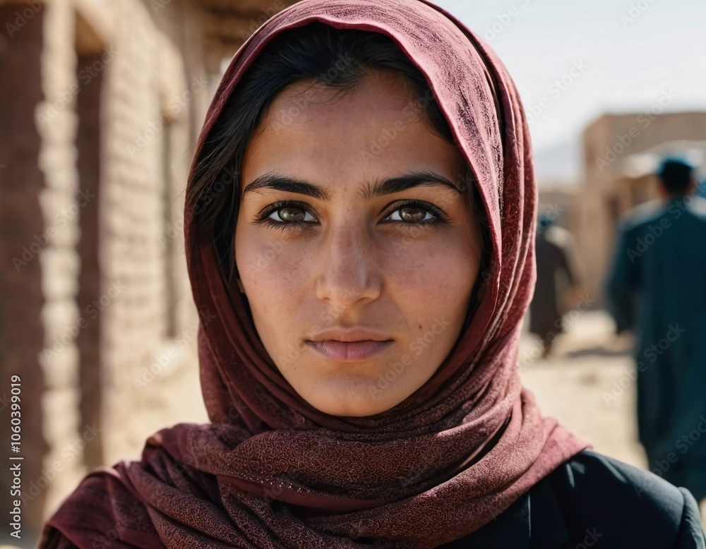 Young woman 25 years old, draped in a beautifully patterned scarf, appears contemplative at a community gathering in Afghanistan. Her expression reflects a mix of strength and serenity. Generative AI Young woman 25 years old, draped in a beautifully patterned scarf, appears contemplative at a community gathering in Afghanistan. Her expression reflects a mix of strength and serenity. Generative AI