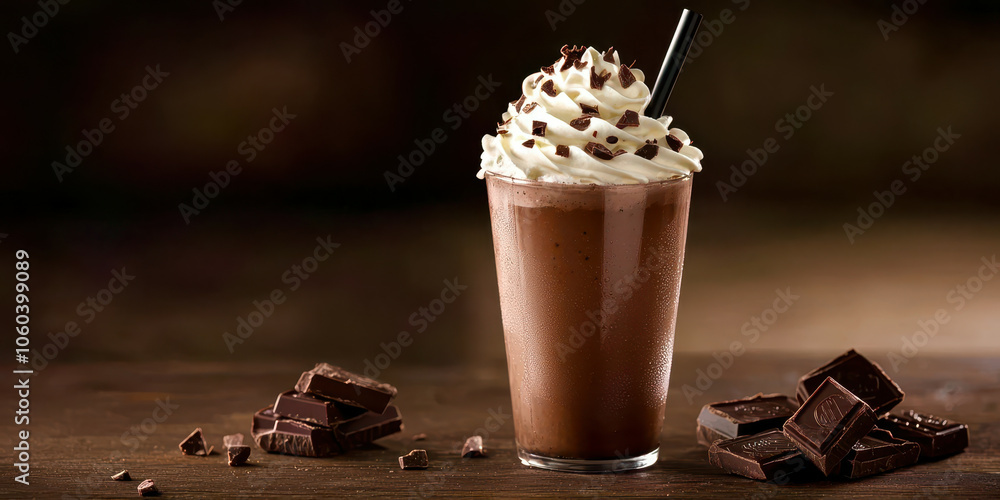A cup of chocolate drink with whipped cream and a chocolate shard on the table A cup of chocolate drink with whipped cream and a chocolate shard on the table