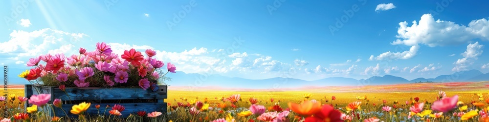 custom made wallpaper toronto digitalA beautiful wooden box filled with pink flowers placed in a colorful wildflower field under a bright blue sky with clouds.

