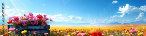 Wallpaper Mural A beautiful wooden box filled with pink flowers placed in a colorful wildflower field under a bright blue sky with clouds.

 Torontodigital.ca