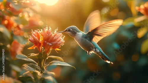 Hummingbird Feeding A hummingbird hovering in midair, its wings beating rapidly but captured in slow motion, as it sips nectar from a vibrant flower photo