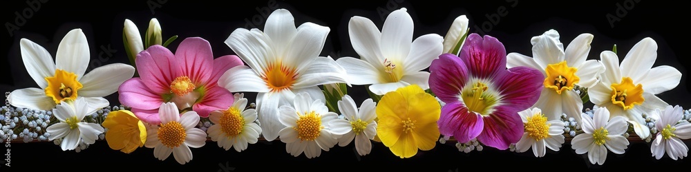 Fototapeta premium A delicate arrangement of daisies and colorful flowers on a black background, highlighting the elegance of each bloom.