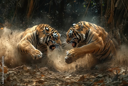 Tigers Fighting Two tigers playfully wrestling in slow motion, their paws batting at each other as their fur ripples and dust rises from the forest floor photo