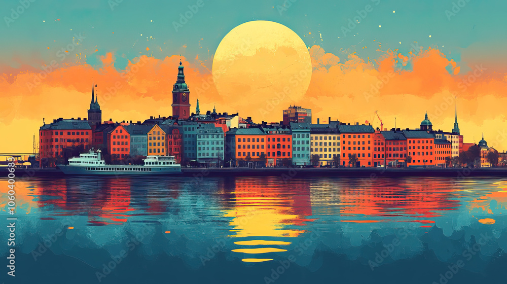Obraz premium Gothenburg, Sweden, Pop Art style theme print. Cityscape, city skyline.Vibrant, bright, modern, trendy, graphic designed for poster, card, wallpaper