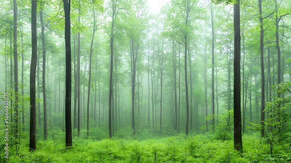 Fototapeta premium Misty forest envelops tall trees in a lush green landscape creating a serene atmosphere filled with nature's beauty