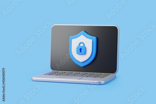 Laptop displaying a blue shield with a lock, symbolizing online security, data protection, and privacy. 3D render illustration