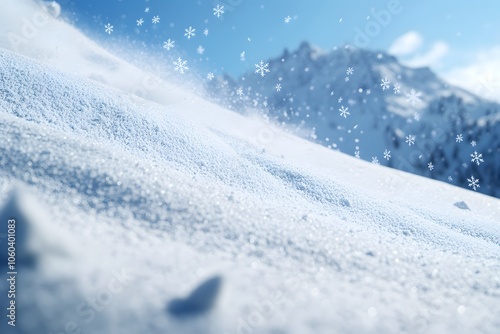 A snowy landscape with falling snowflakes against a mountain backdrop.