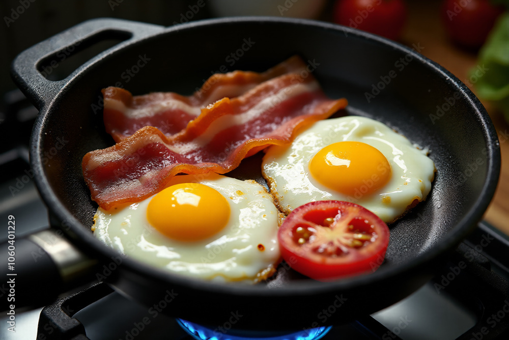 Frying pan top view in it two fried eggs with bacon and tomato slices. Frying pan top view in it two fried eggs with bacon and tomato slices.