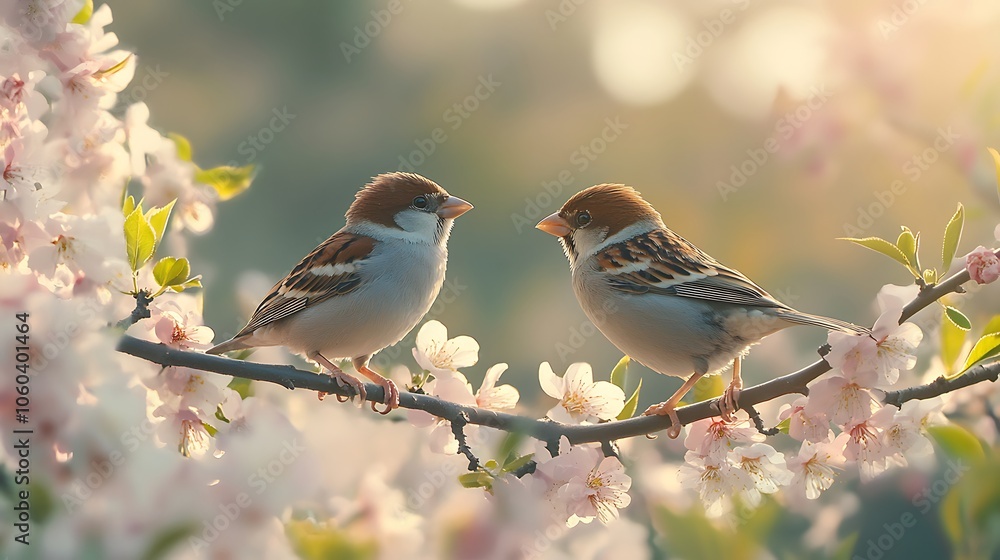 Pair of sparrows interacting playfully amidst a cloud of blooming plum blossoms, soft petals and green leaves creating a lush frame, sunlight illuminating the scene, calm and vibrant spring ambiance. Pair of sparrows interacting playfully amidst a cloud of blooming plum blossoms, soft petals and green leaves creating a lush frame, sunlight illuminating the scene, calm and vibrant spring ambiance.