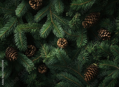 Background with different types of green evergreen tree branches and cones, dark background, Christmas card or wallpaper design. Top view of green Christmas tree branches. Winter nature concept. 