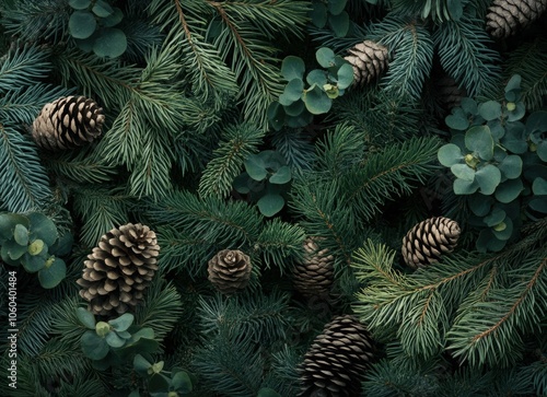 Background with different types of green evergreen tree branches and cones, dark background, Christmas card or wallpaper design. Top view of green Christmas tree branches. Winter nature concept. 