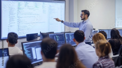 A group of employees participating in a cybersecurity training session, with a trainer pointing to a whiteboard filled with security protocols and tips.